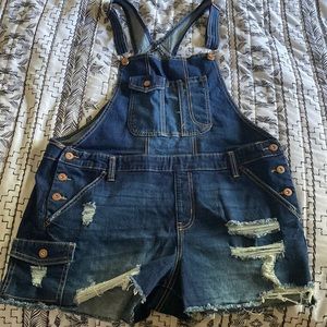 No Boundaries Dark Wash Distressed Overalls